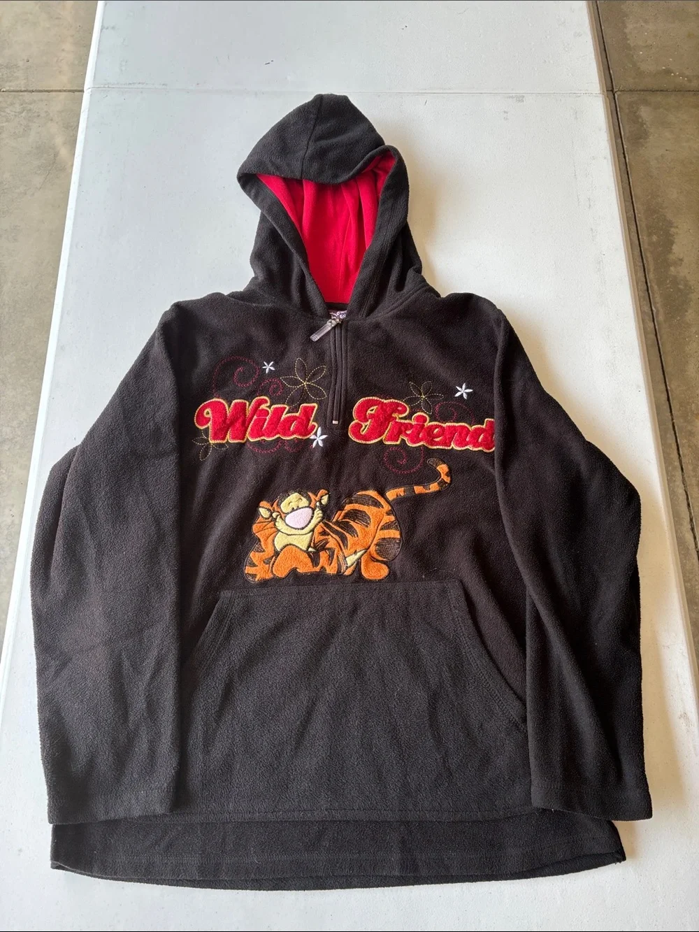 Disney Black Hooded 1/4 Zip-Up Sweater with Red Lining and Tigger Graphic